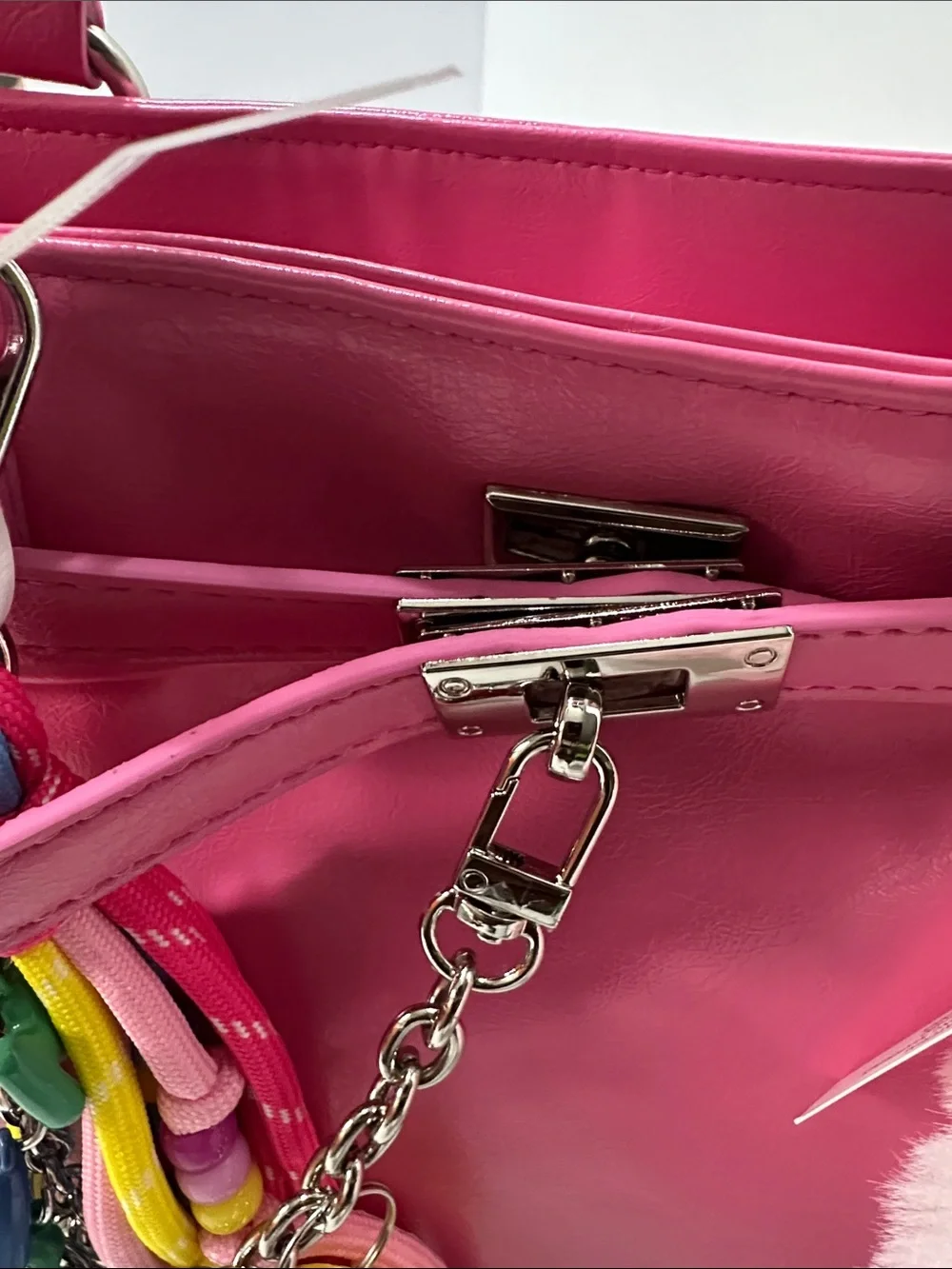 Hot Pink Patent Satchel with Fluffy Bunny Charm